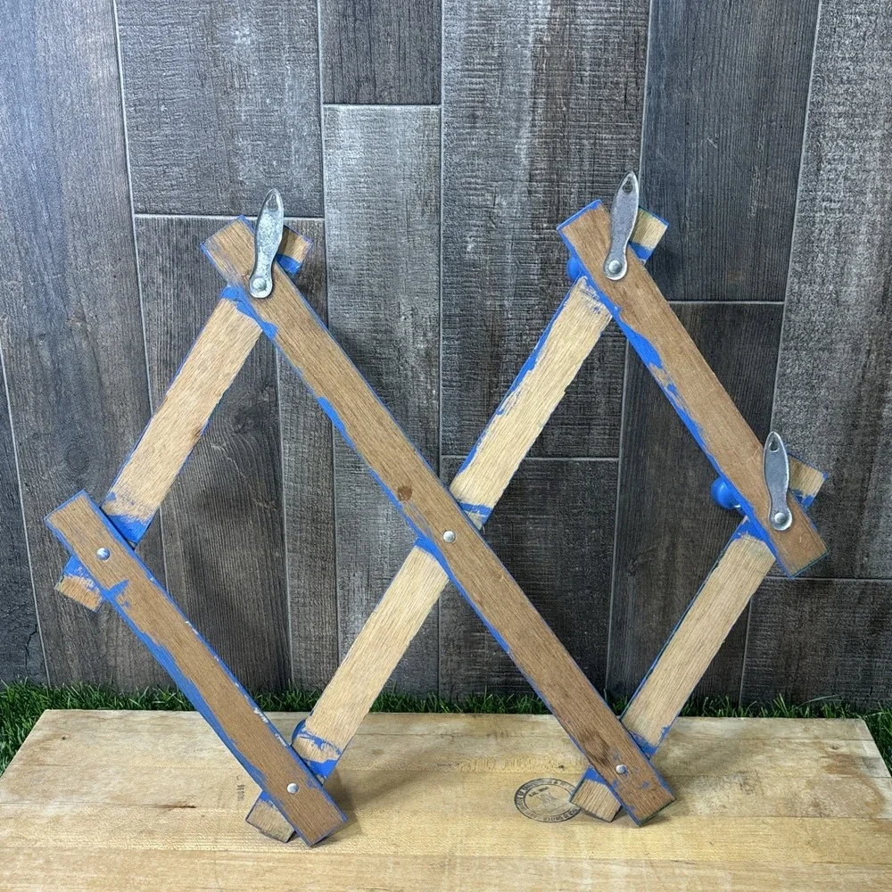 Vintage Blue Wooden Accordion Wall Rack Expandable Peg Coat Hat Decor Rustic